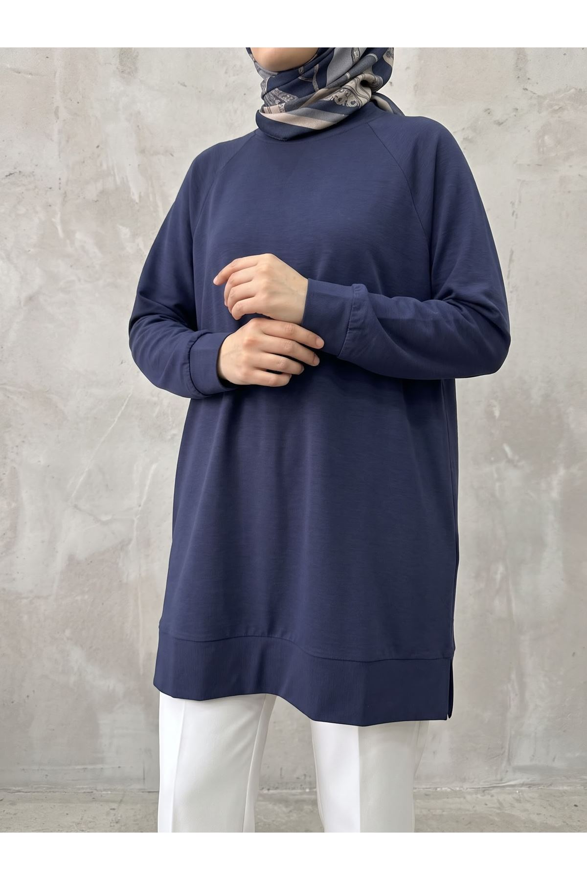 TUN06013-LCV Reglan Kol Manşetli Pike Tunik-Lacivert