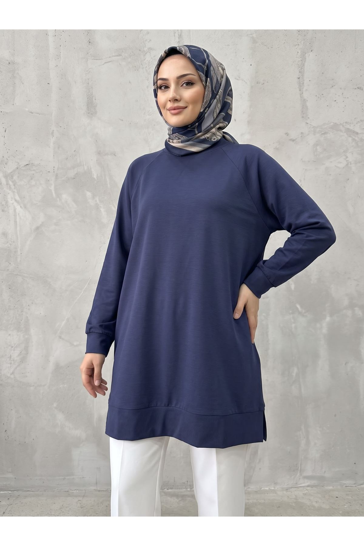TUN06013-LCV Reglan Kol Manşetli Pike Tunik-Lacivert