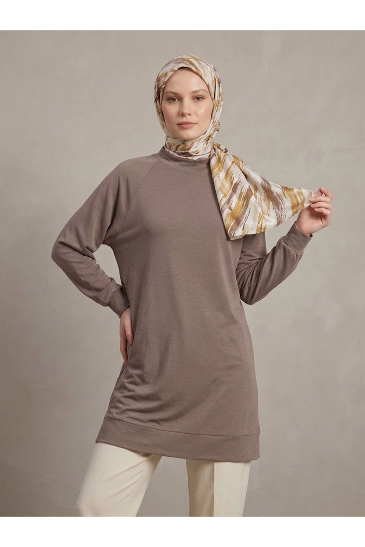 TUN06013-P102 Reglan Kol Manşetli Pike Tunik-Açık Kahve