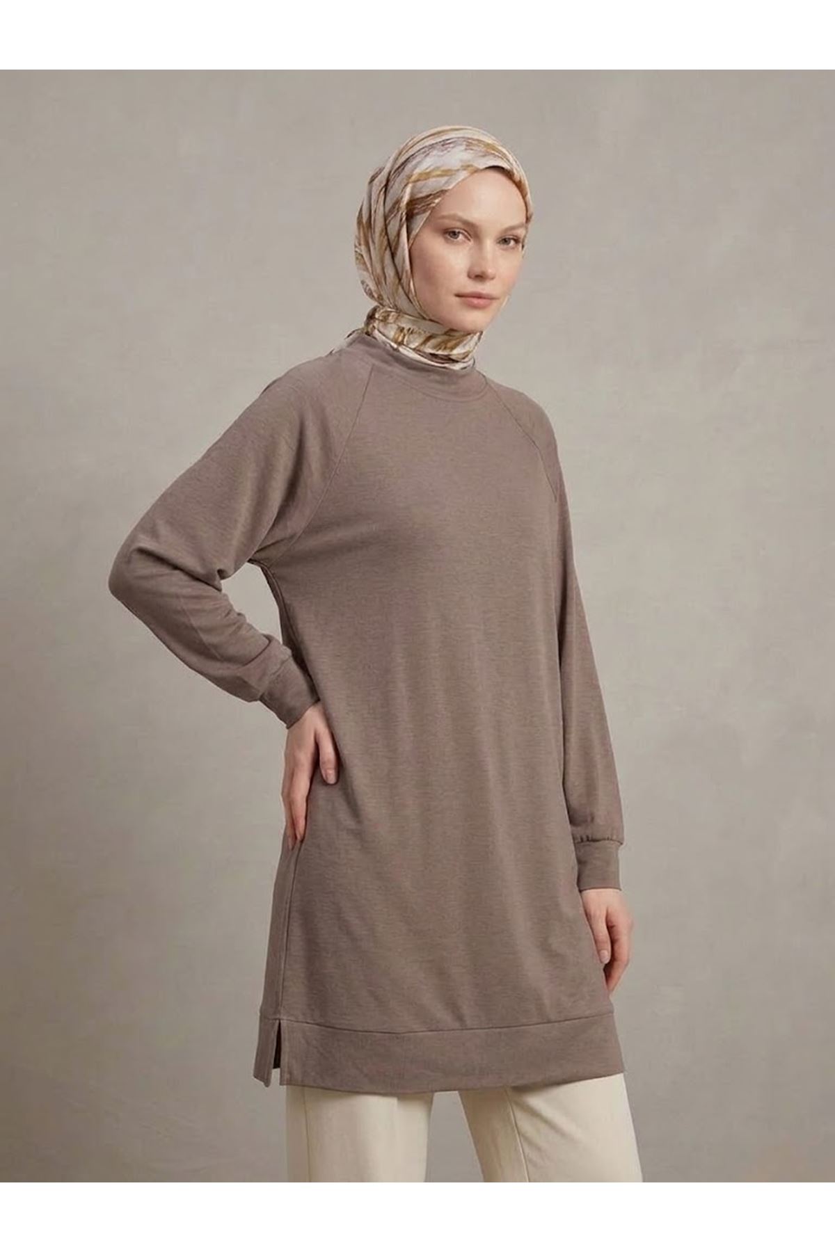 TUN06013-P102 Reglan Kol Manşetli Pike Tunik-Açık Kahve
