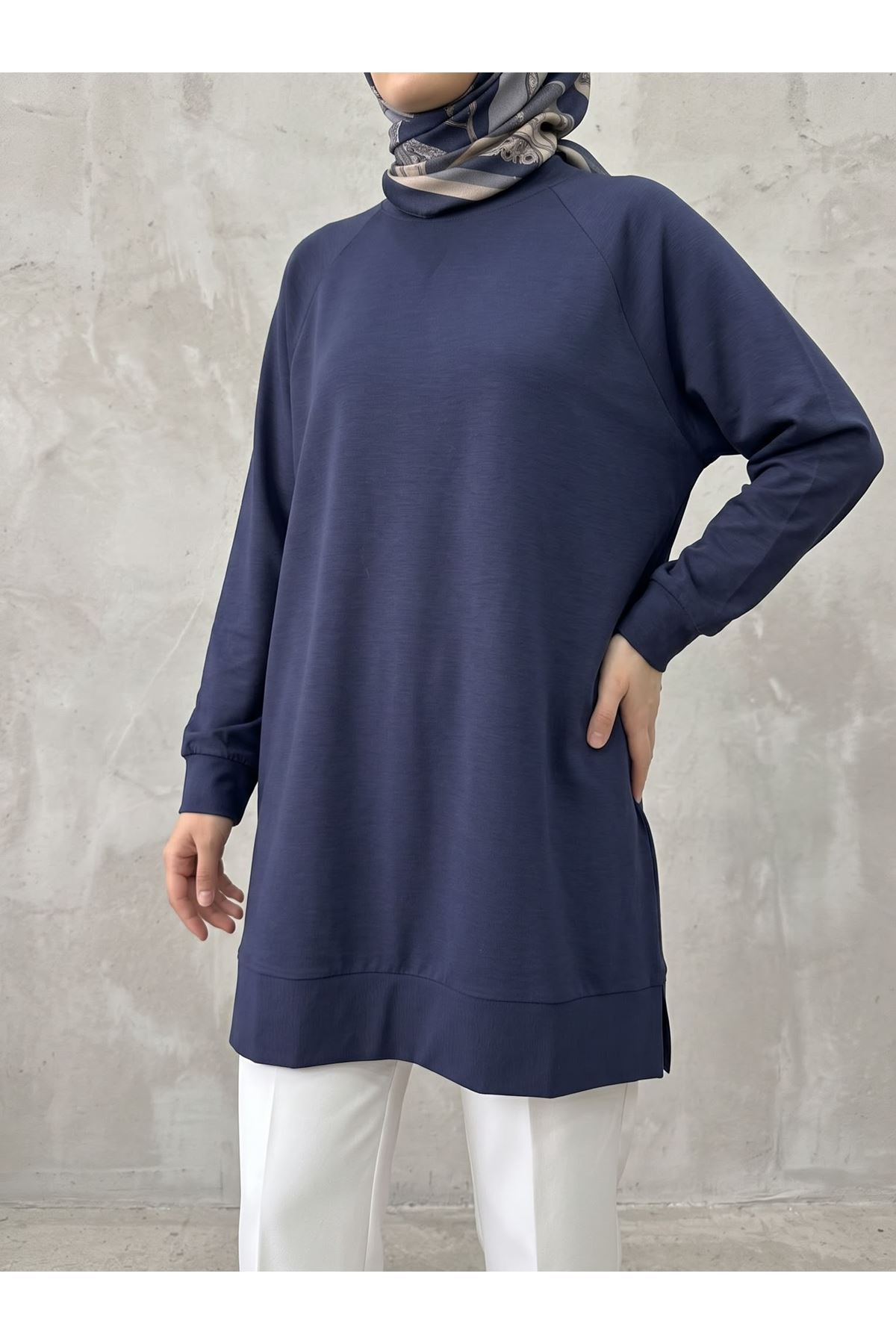 TUN06013-LCV Reglan Kol Manşetli Pike Tunik-Lacivert