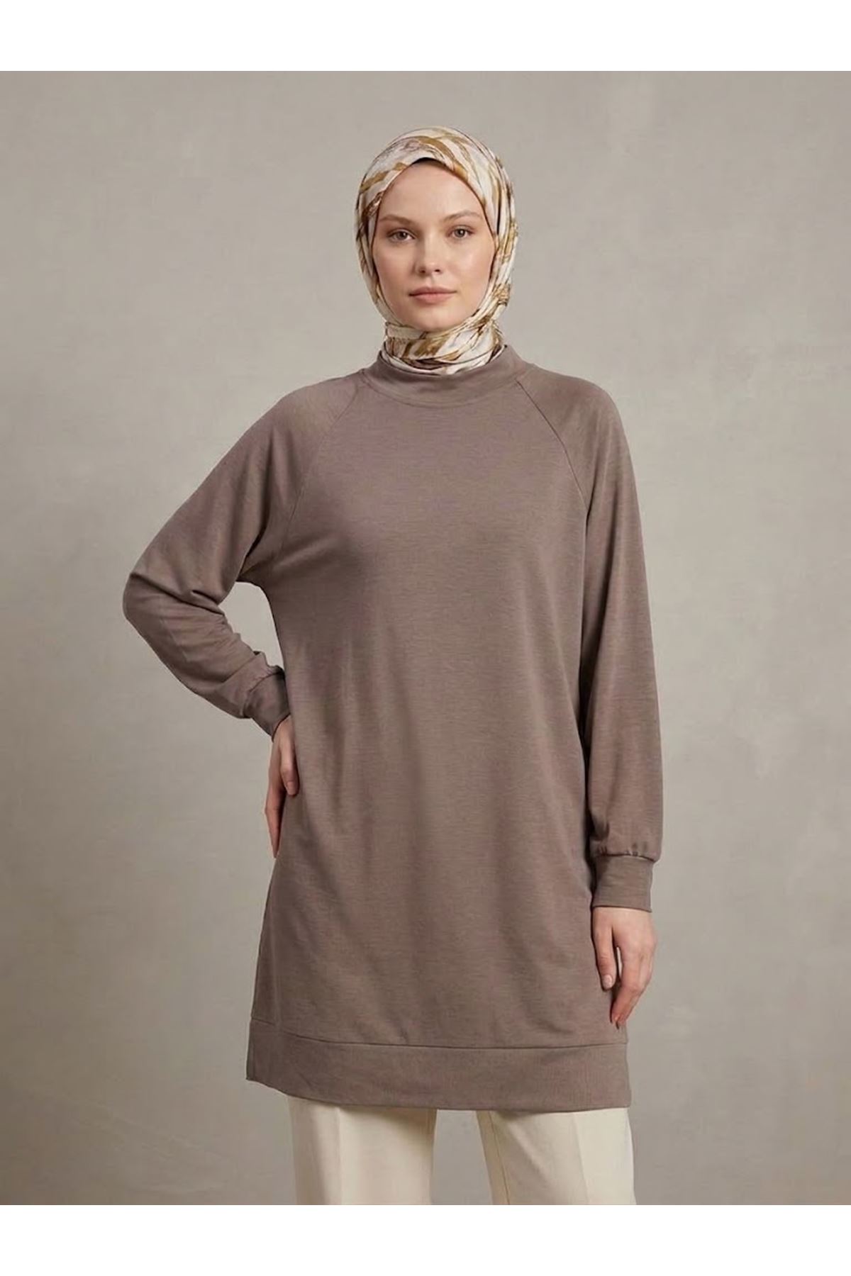 TUN06013-P102 Reglan Kol Manşetli Pike Tunik-Açık Kahve