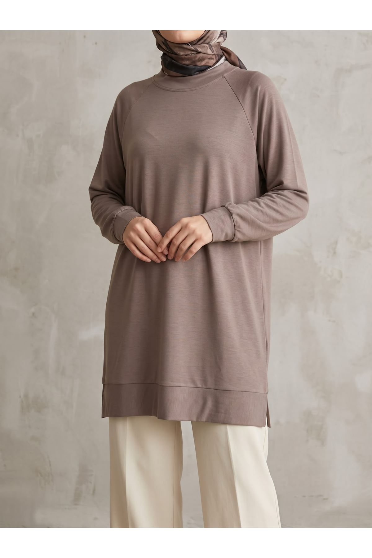 TUN06013-P102 Reglan Kol Manşetli Pike Tunik-Açık Kahve