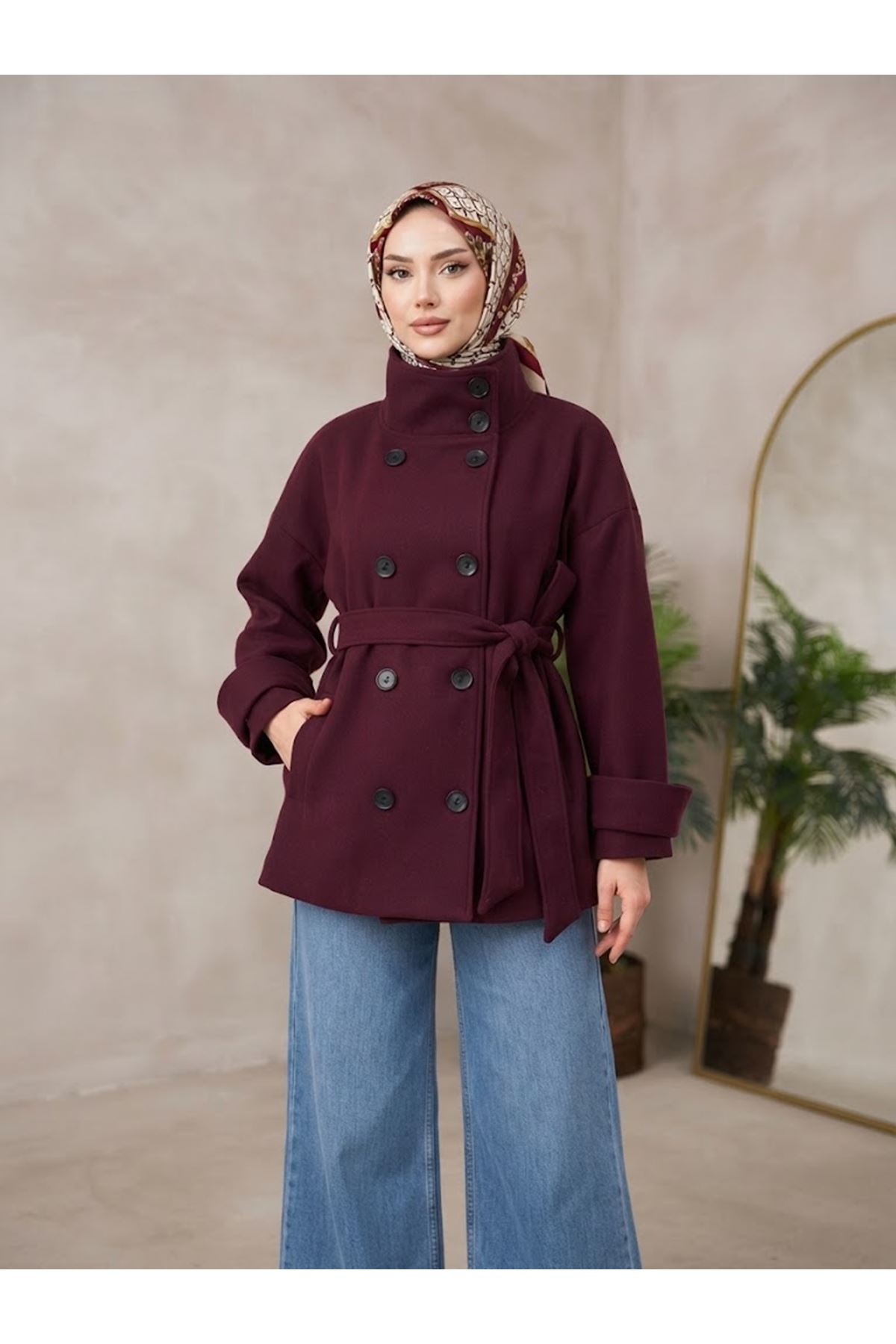 CKT01800-BRD Apoletli Kaşe Ceket-Bordo