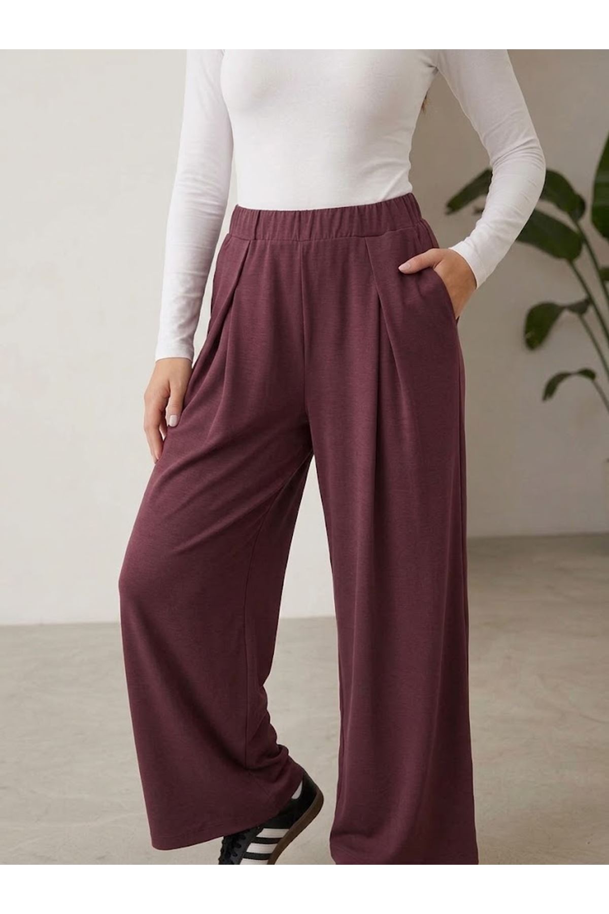 PNT01580-BRD Pileli Kemer Detay Cepli Pike Pantolon-Bordo