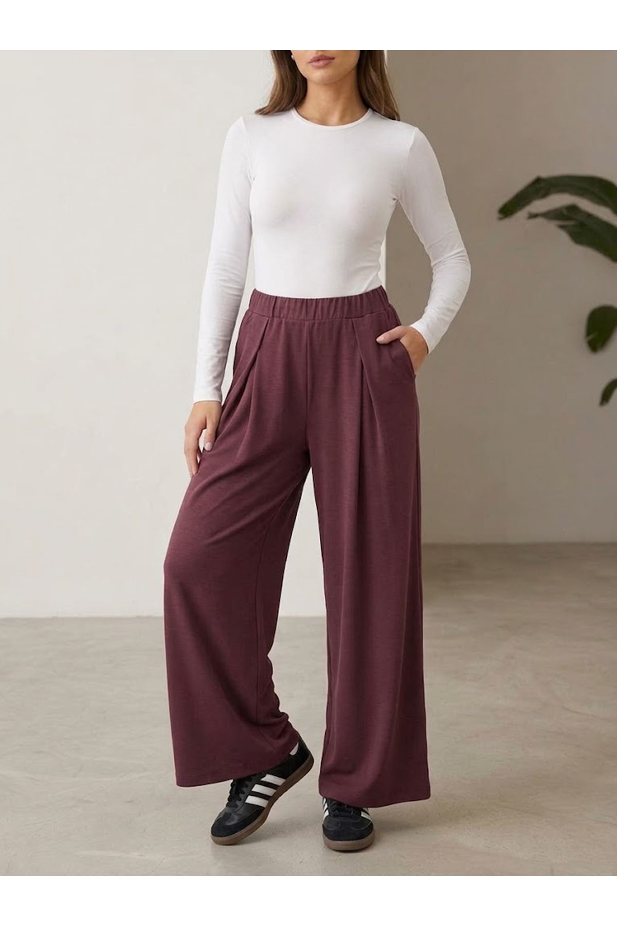 PNT01580-BRD Pileli Kemer Detay Cepli Pike Pantolon-Bordo