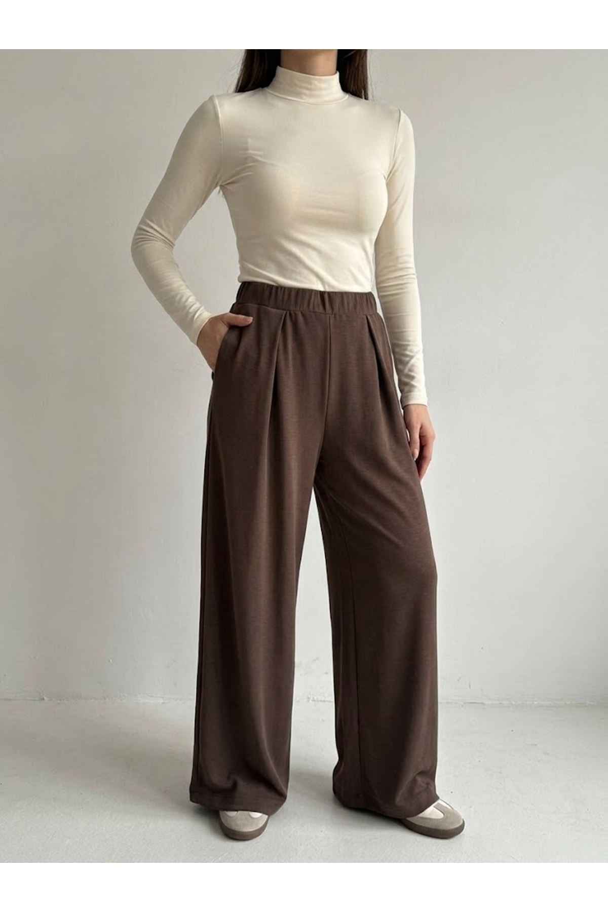 PNT01580-KHV Pileli Kemer Detay Cepli Pike Pantolon-Kahve