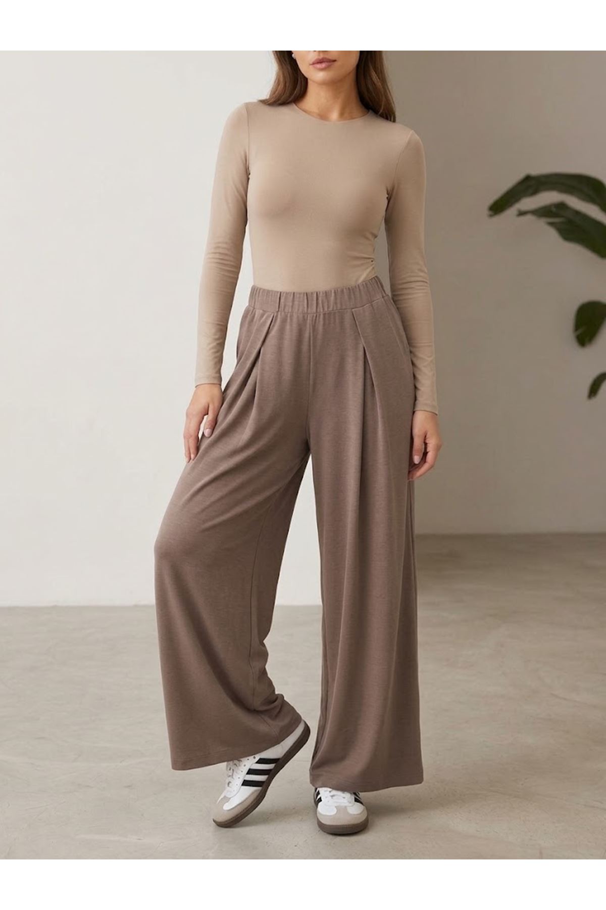 PNT01580-P102 Pileli Kemer Detay Cepli Pike Pantolon-Açık Kahve