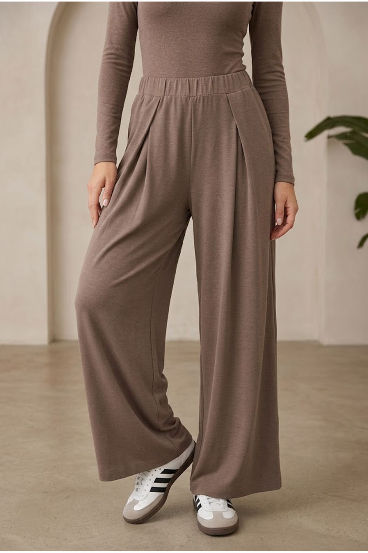 PNT01580-P102 Pileli Kemer Detay Cepli Pike Pantolon-Açık Kahve