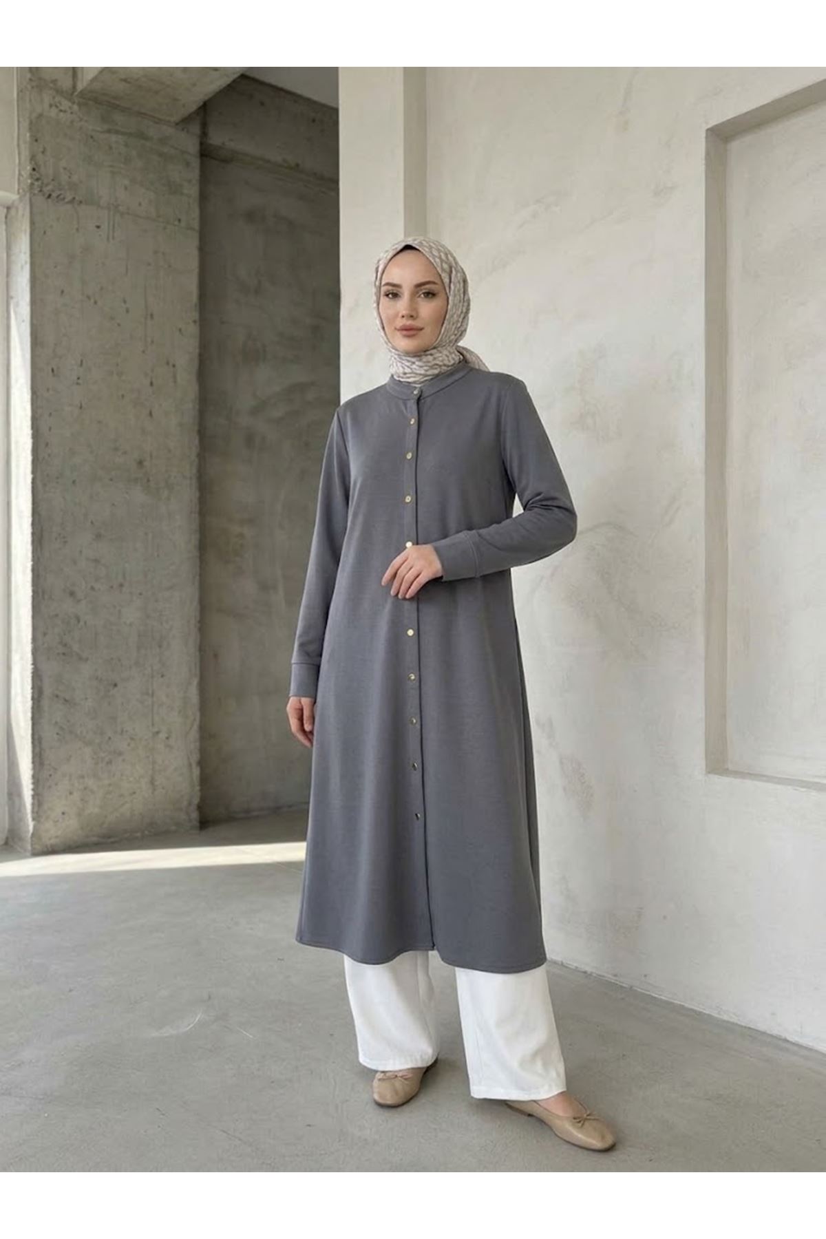 TUN06026-GRN Hakim Yaka  Uzun Oysh Tunik-Gri