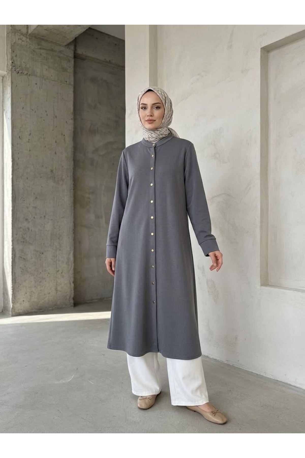 TUN06026-GRN Hakim Yaka  Uzun Oysh Tunik-Gri