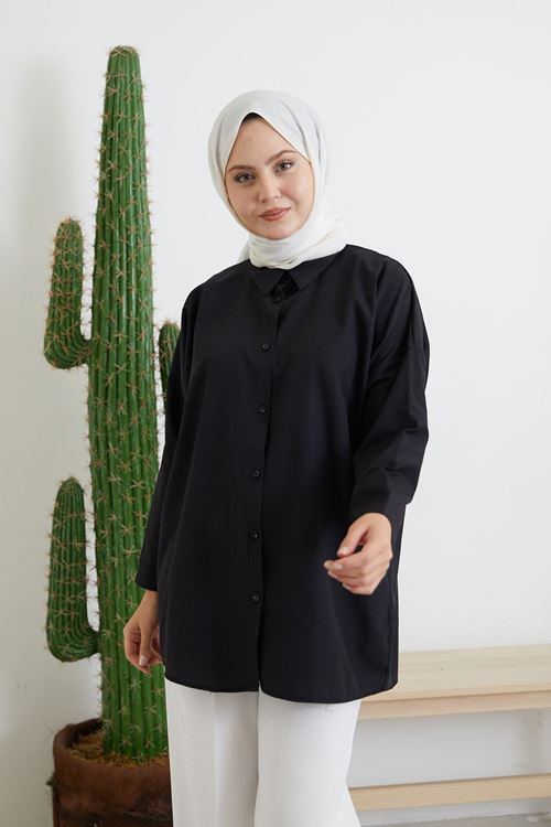 GLK00198-01 Düğmeli Poplin Gömlek-Siyah