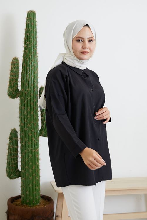 GLK00198-01 Düğmeli Poplin Gömlek-Siyah