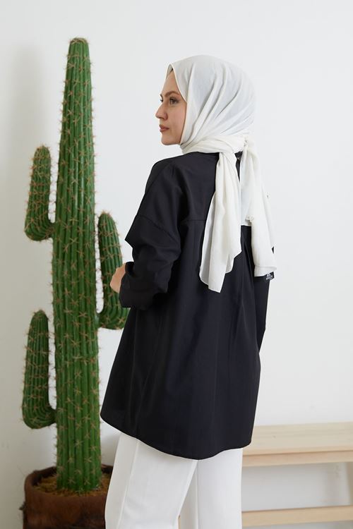 GLK00198-01 Düğmeli Poplin Gömlek-Siyah