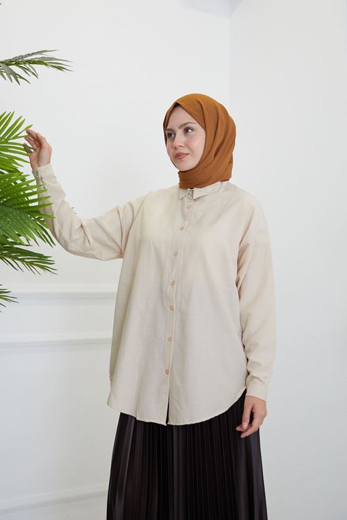 GLK00198-15 Düğmeli Poplin Gömlek-Taş