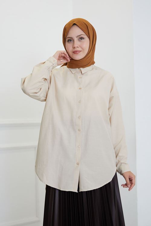 GLK00198-15 Düğmeli Poplin Gömlek-Taş