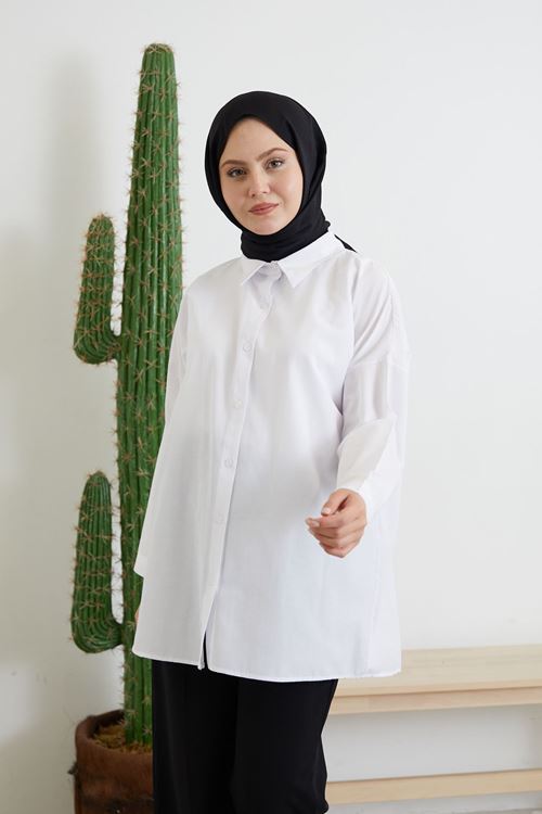 GLK00198-BYZ Düğmeli Poplin Gömlek-Beyaz