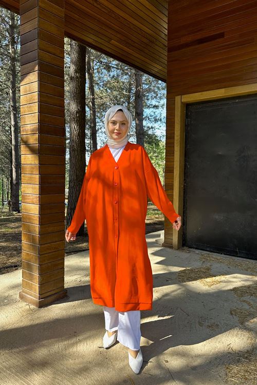 HIR02416-ORJ Kadın V Yaka Düğmeli Uzun İnce Yazlık Tesettür Hırka-Oranj