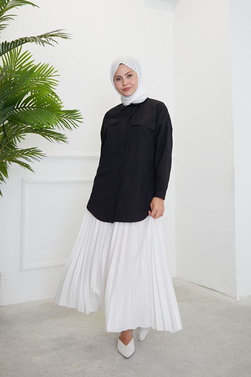 TUN05684-SYH Çift Cep Kapaklı Tunik-Siyah