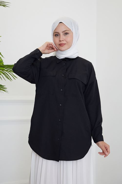 TUN05684-SYH Çift Cep Kapaklı Tunik-Siyah
