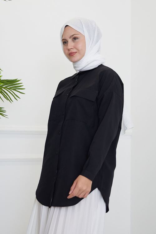 TUN05684-SYH Çift Cep Kapaklı Tunik-Siyah