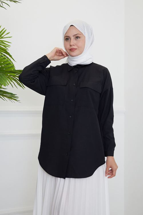 TUN05684-SYH Çift Cep Kapaklı Tunik-Siyah