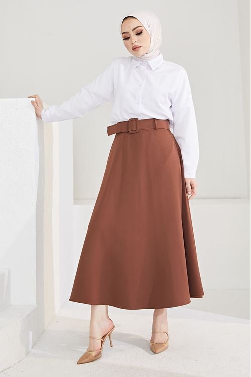 MOE02806-KHV Kemerli Kloş Etek-Kahve