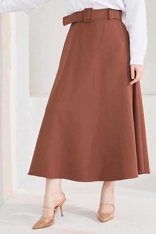 MOE02806-KHV Kemerli Kloş Etek-Kahve