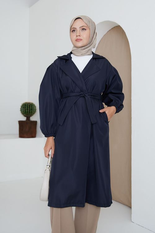 TRÇ00114-LCV Kuşaklı Trençkot-Lacivert