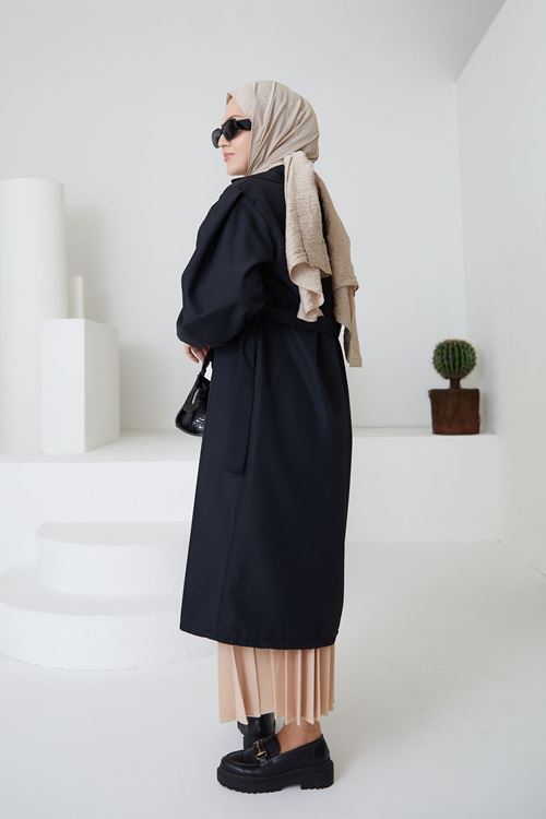 TRÇ00114-SYH Kuşaklı Trençkot-Siyah