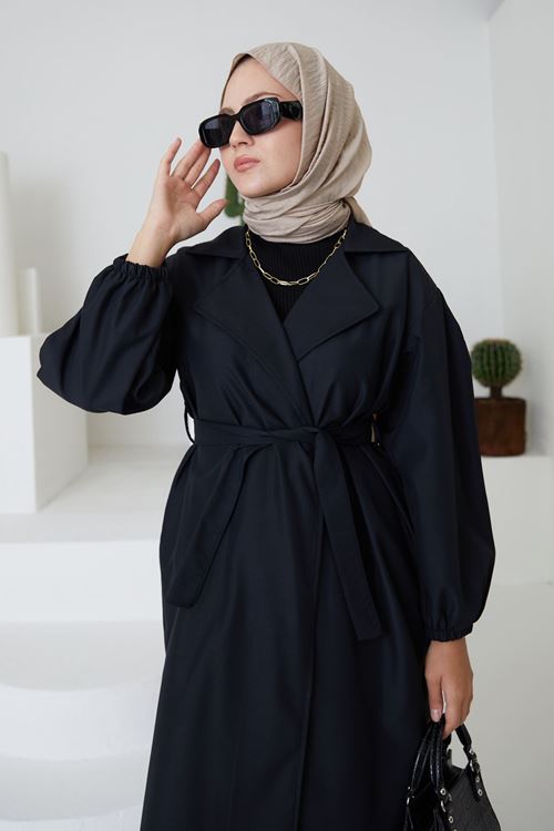 TRÇ00114-SYH Kuşaklı Trençkot-Siyah