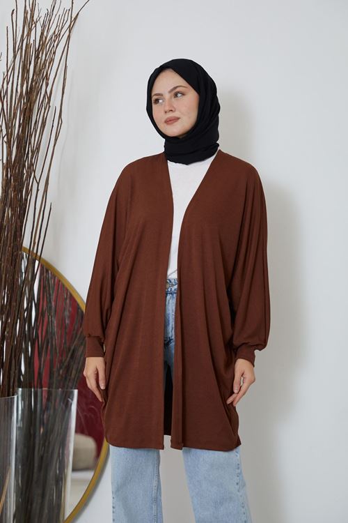 HIR02419-KHV Kadın Yarasa Kol Detaylı Salaş İnce Yazlık Giy Çık Tesettür Hırka-Kahve