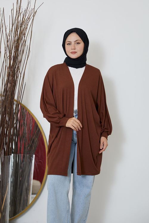 HIR02419-KHV Kadın Yarasa Kol Detaylı Salaş İnce Yazlık Giy Çık Tesettür Hırka-Kahve