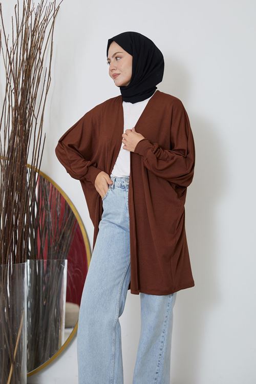 HIR02419-KHV Kadın Yarasa Kol Detaylı Salaş İnce Yazlık Giy Çık Tesettür Hırka-Kahve
