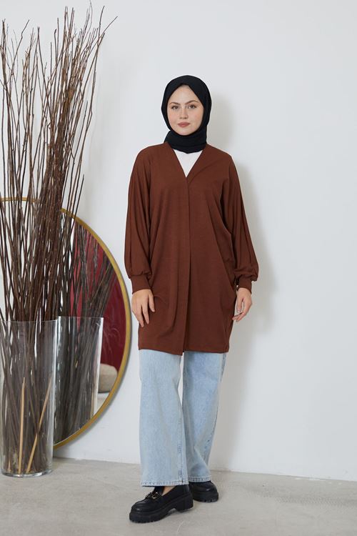 HIR02419-KHV Kadın Yarasa Kol Detaylı Salaş İnce Yazlık Giy Çık Tesettür Hırka-Kahve