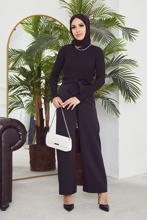 PNT01448-SYH Kadın Beli Lastikli Bağlama Detaylı Geniş Paça Tesettür Pantolon-Siyah