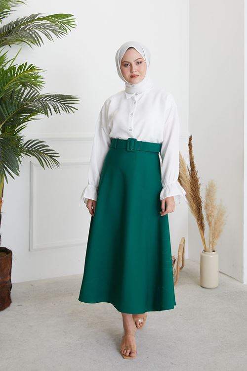 MOE02806-ZMR Kemerli Kloş Etek-Zümrüt Yeşili