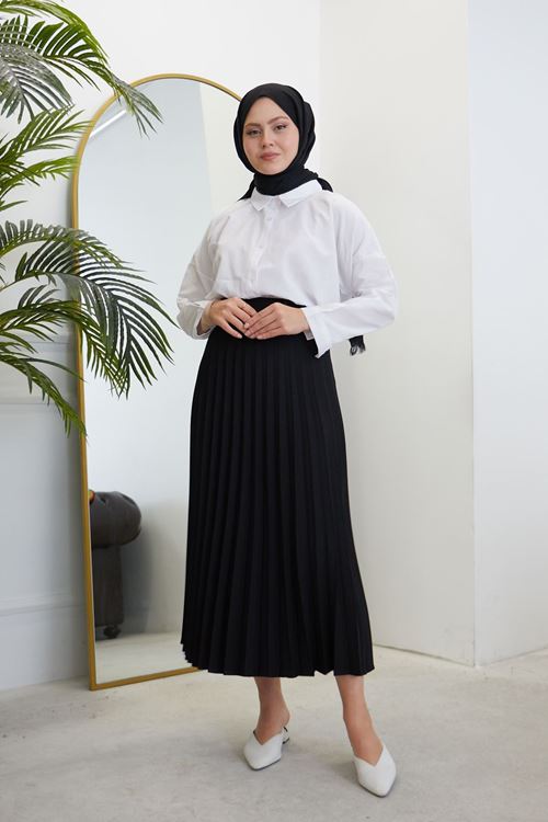 MOE02980-SYH Kadın Soley Pilise Detaylı Yazlık Uzun Tesettür Etek-Siyah