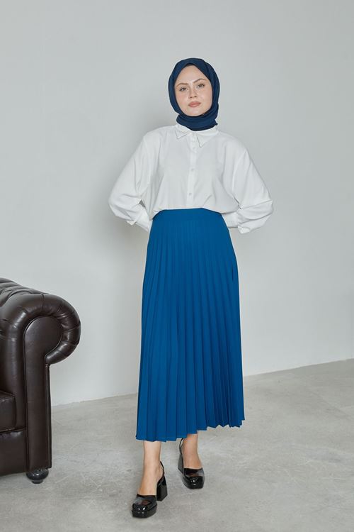 MOE02980-İND Kadın Soley Pilise Detaylı Yazlık Uzun Tesettür Etek-İndigo