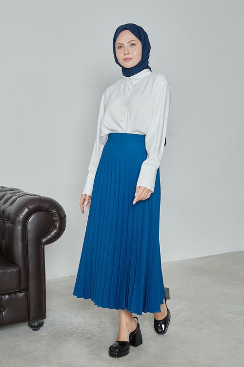 MOE02980-İND Kadın Soley Pilise Detaylı Yazlık Uzun Tesettür Etek-İndigo