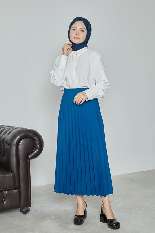 MOE02980-İND Kadın Soley Pilise Detaylı Yazlık Uzun Tesettür Etek-İndigo