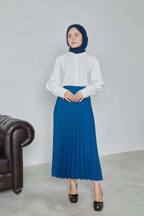 MOE02980-İND Kadın Soley Pilise Detaylı Yazlık Uzun Tesettür Etek-İndigo