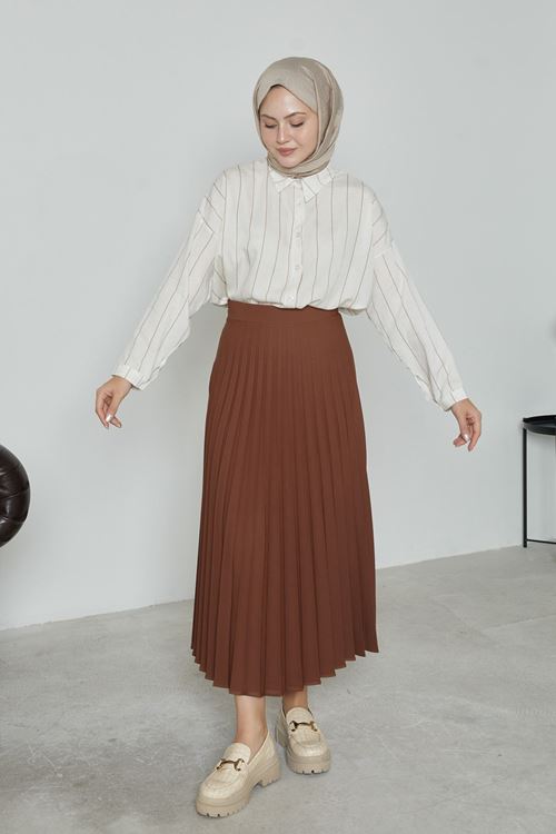 MOE02980-KHV Kadın Soley Pilise Detaylı Yazlık Uzun Tesettür Etek-Kahve