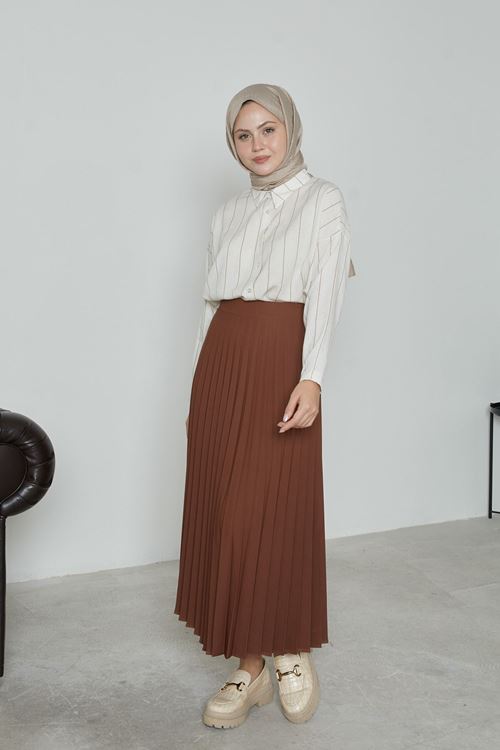 MOE02980-KHV Kadın Soley Pilise Detaylı Yazlık Uzun Tesettür Etek-Kahve