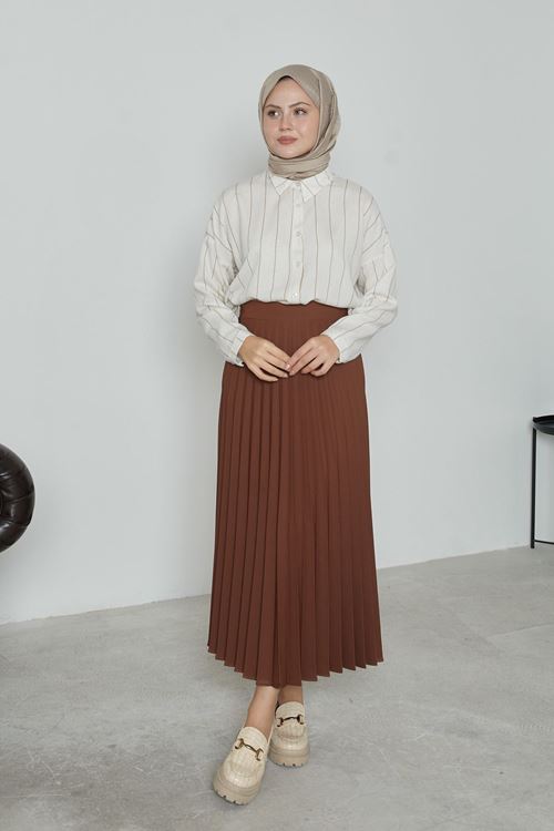 MOE02980-KHV Kadın Soley Pilise Detaylı Yazlık Uzun Tesettür Etek-Kahve