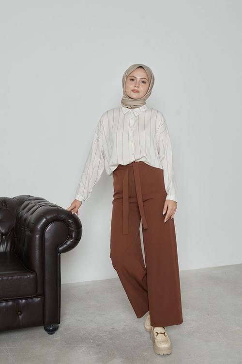 PNT01448-KHV Kadın Beli Lastikli Bağlama Detaylı Geniş Paça Tesettür Pantolon-Kahve