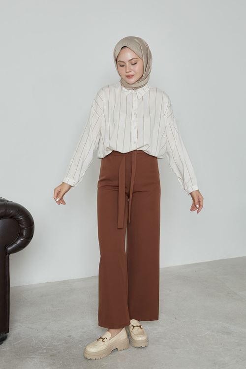 PNT01448-KHV Kadın Beli Lastikli Bağlama Detaylı Geniş Paça Tesettür Pantolon-Kahve