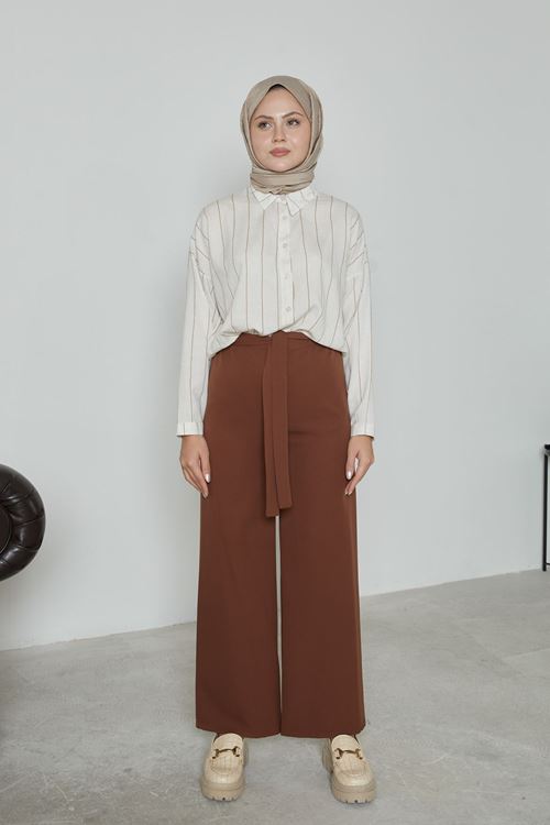 PNT01448-KHV Kadın Beli Lastikli Bağlama Detaylı Geniş Paça Tesettür Pantolon-Kahve
