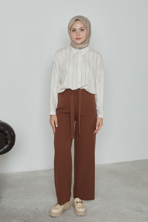 PNT01448-KHV Kadın Beli Lastikli Bağlama Detaylı Geniş Paça Tesettür Pantolon-Kahve