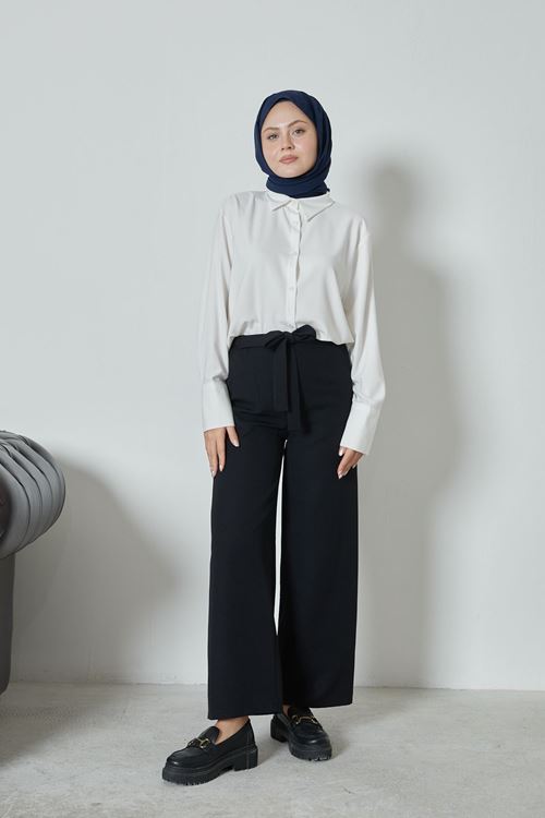 PNT01448-SYH Kadın Beli Lastikli Bağlama Detaylı Geniş Paça Tesettür Pantolon-Siyah